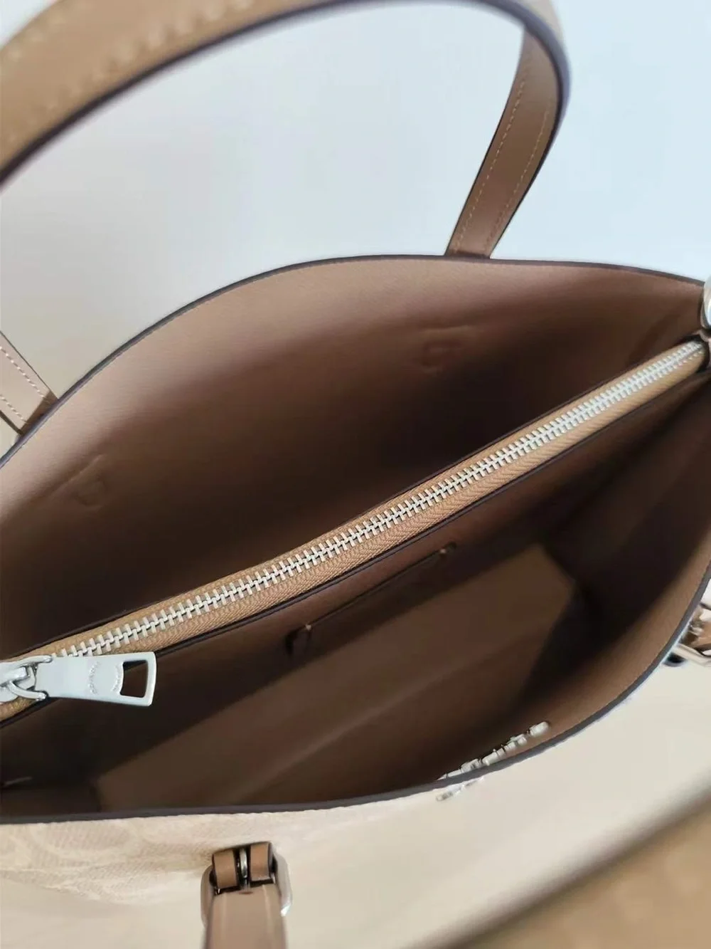 Coach Signature Canvas Satchel in Beige with Tan Trim